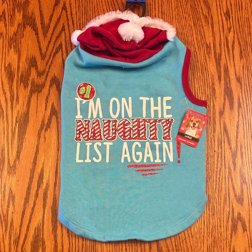 NWT Simply Dog Naughty List Blue & Red Hooded Dog Coat Size Large
